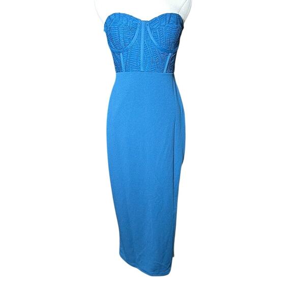 Lulus Passionate Aura Teal Blue Textured Strapless Bustier Midi Dress Sz M NEW - Picture 3 of 11